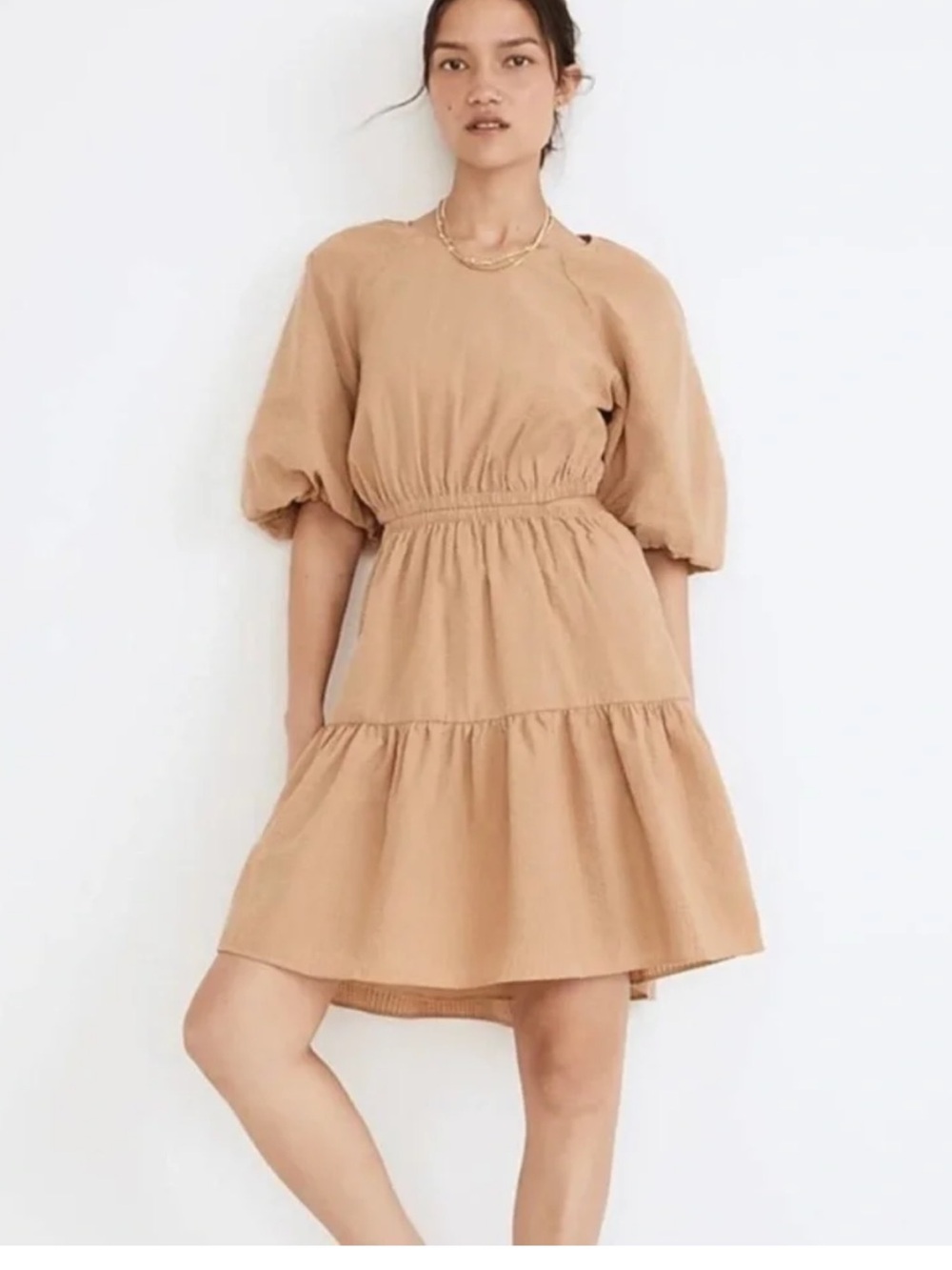 Madewell Tan Seersucker Puff-Sleeve Cutout Mini Dress